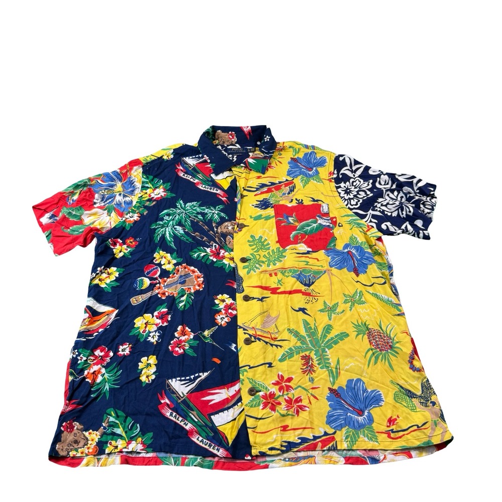 Polo Ralph Lauren Viscose Polo Bear Colorblock Hawaiian Shirt Size XL Loop